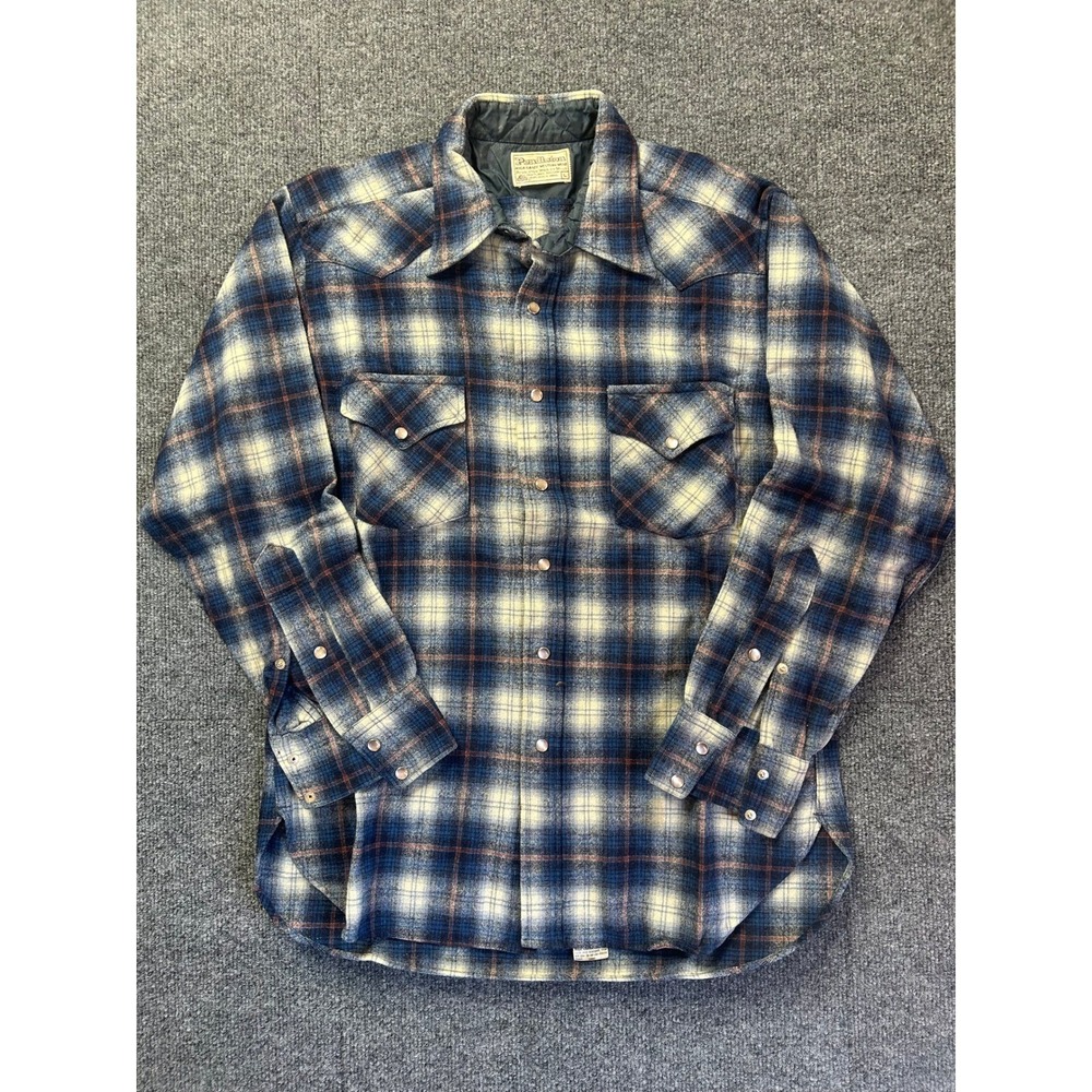 Pendleton Western Shirt Mens Large Blue Plaid Wool Pearl Snap High Grade Vintage